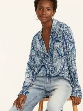 J. Crew Women’s Washable 100% Silk Popover Blouse Oversized Paisley Blue Size M